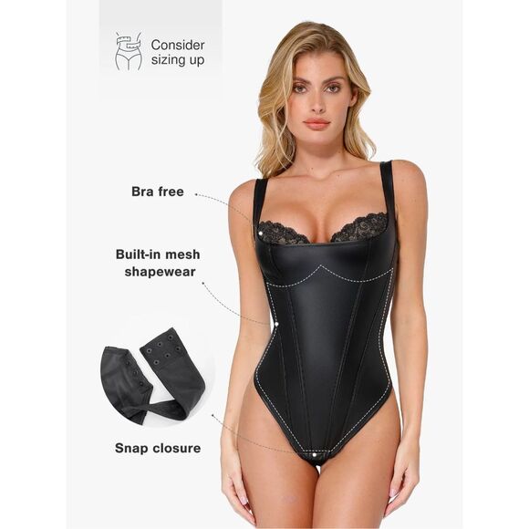 POPILUSH Shapewear Faux Leather Lace Balconette Sculpting Bodysuit 📦 - Picture 13 of 14